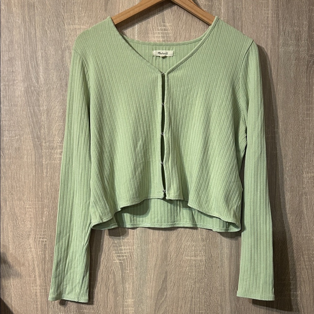 Madewell Light Green Ribbed Button-Down Cropped Shirt Size Extra Large